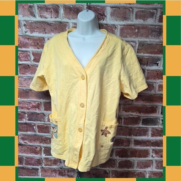 Vintage 90s Viva City Oceanic Art Shirt Large Yellow V Neck Button Down Cotton - Picture 1 of 7